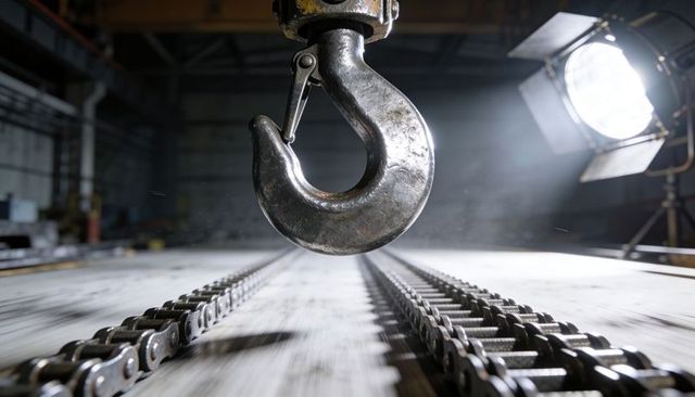 Heavy-duty crane hook hanging over roller chains in industrial warehouse
