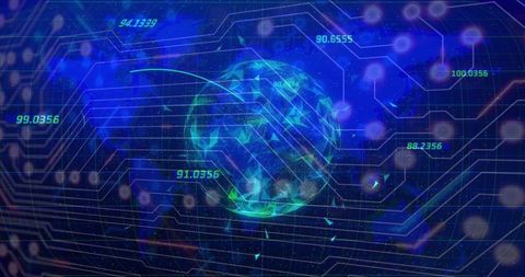 Holographic cyber globe emitting neon data streams on futuristic circuit grid visualization