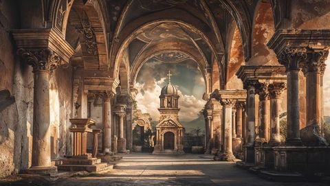 Ruined Church Nave with Central Dome and Fresco Fragments