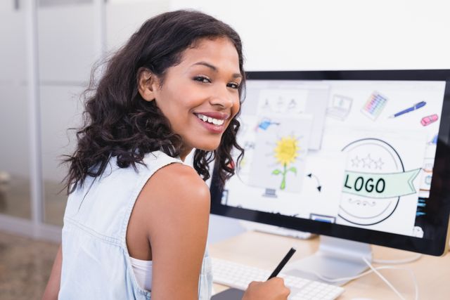 Smiling businesswoman using desktop computer while working at desk in office