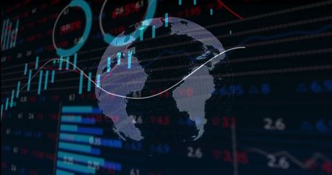 3d earth globe and data charts in digital dashboard overlay