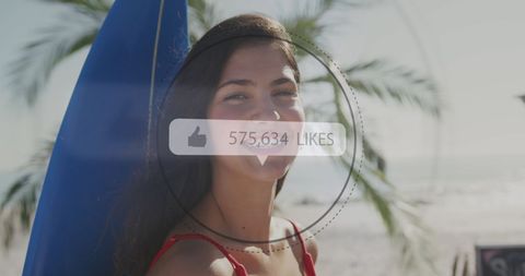 Woman at Sunny Beach with Surfboard and Overlapping Social Media Likes