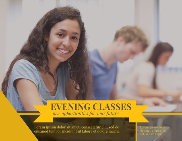 Young woman smiling while attending evening classes, emphasizing personal growth and positivity in learning. Ideal for promoting educational programs, evening courses, personal development workshops, and student success stories.
