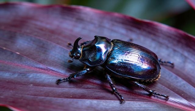 Iridescent rhinoceros beetle resting on dark red leaf with metallic blue-purple sheen