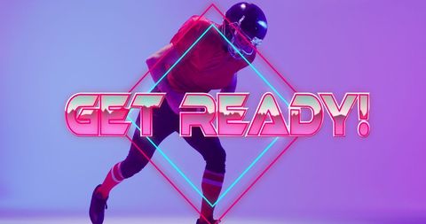 American football player in action pose wears uniform with helmet in futuristic setting, enhanced by overlapping neon diamond shapes and bold 'Get Ready!' text in neon style. This can be used for promotional materials, sport event advertisements, or creative digital arts featuring a mix of athleticism and modern graphics.
