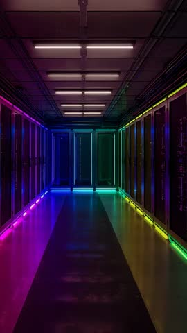 Vertical video capturing rainbow LED strips glowing on server racks in futuristic datacenter
