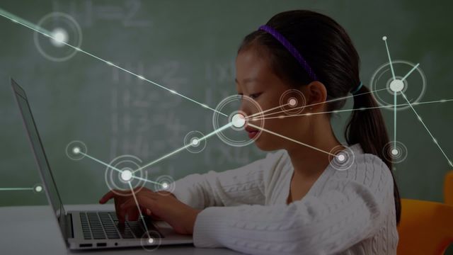 This video portrays an Asian girl typing on her laptop with an overlay of a digital network. It represents the integration of education with technology and the benefits of digital learning. Useful for illustrating topics related to e-learning, network connectivity, innovation in education, and the future of schooling. Ideal for educational websites, technology blogs, and articles on modern teaching tools.