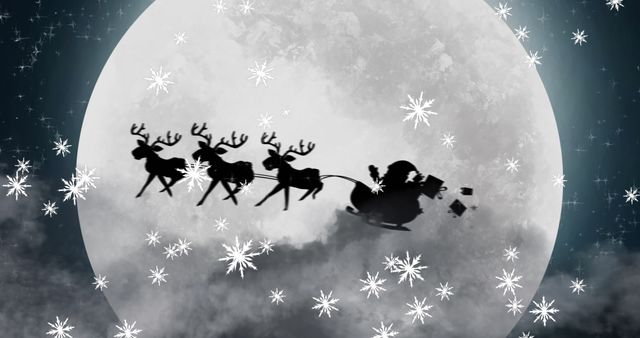 Santa Claus Silhouette Flying in Sleigh Guided By Reindeer With Full Moon Background - Download Free Stock Images Pikwizard.com