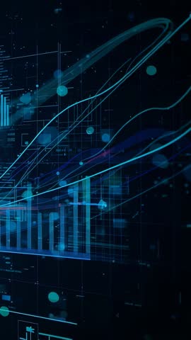 Vertical HUD Dashboard Animating Data Update with Neon Bar Chart and Flowing Nodes