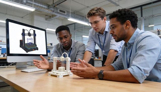 Engineers Collaborating Over 3D Printer Prototype and CAD Model in Modern Makerspace