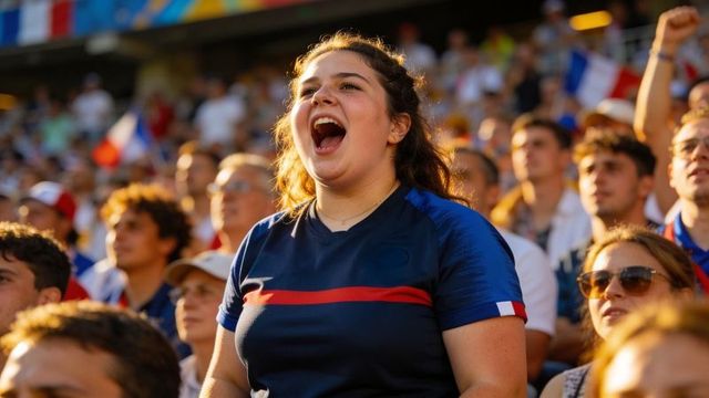 Young woman shouting in navy jersey with red stripe french football fan cheering