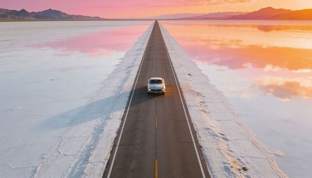 Solitary car crossing salt flats at sunset on endless straight road with mirror reflection