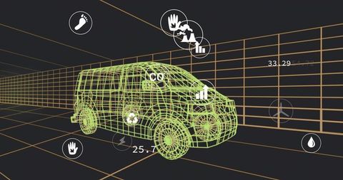 Wireframe van hovering in neon grid tunnel showing hud telemetry and vehicle diagnostics