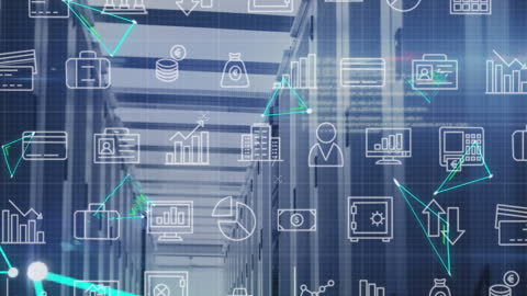 Digital Business Icons Overlayed on Large Server Room