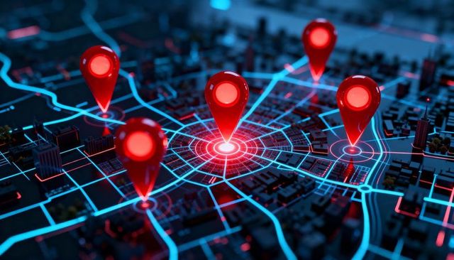 Neon city network with red location pins highlighting central hub and smart routing