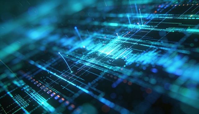 Neon circuit grid showing holographic data streams, glowing nodes and cyber matrix ai