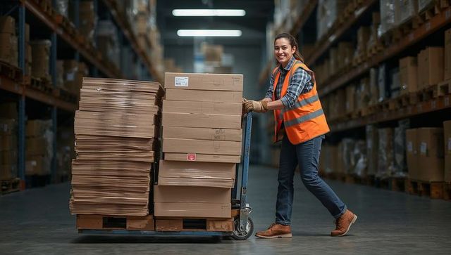 Warehouse Worker Moving Loaded Pallet Jack in Industrial Facility