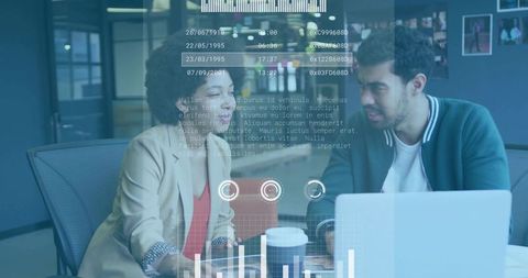 Diverse team collaborating with augmented reality HUD analytics, reviewing data on laptop