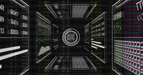 Futuristic data visualization tunnel with glowing interface