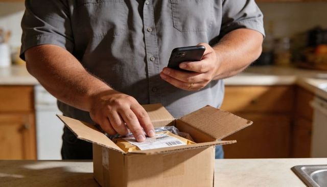 Man Checking Smartphone While Unboxing Parcel in Kitchen, Tracking Shipping Label and Delivery