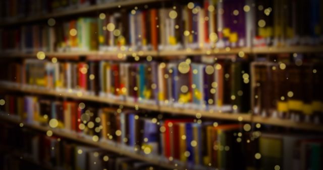 Abstract image of glowing spots overlays books on a library shelf, creating a magical and dreamy atmosphere. Ideal for illustrating concepts of reading, education, mystery, magic in literature and international literacy day. Useful for educational websites, libraries, book clubs, or literacy awareness campaigns.