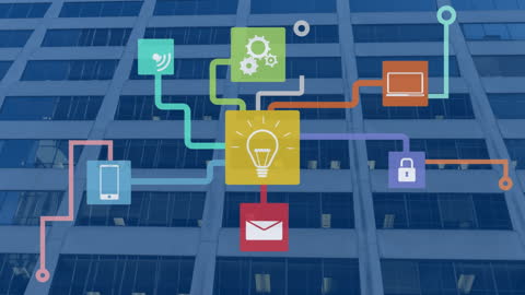 Digital Network of Technology Icons Over Urban Cityscape