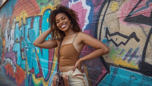 Stylish Woman Posing in Front of Vivid Graffiti Wall
