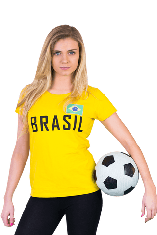 Transparent passionate football fan in brasil t-shirt holding soccer ball