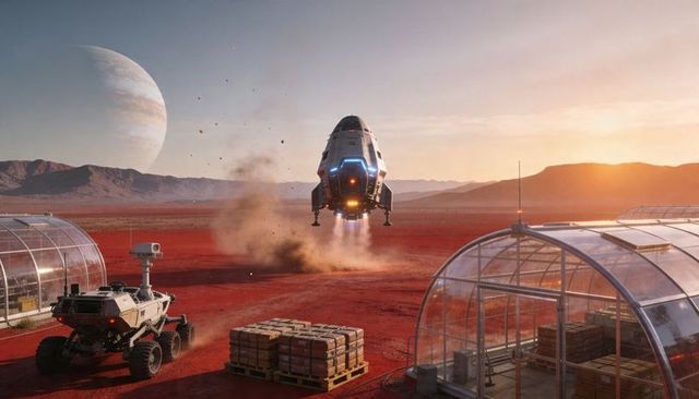 Mars Outpost Lander Touching Down at Sunset, Rover Patrolling Red Plain with Greenhouses