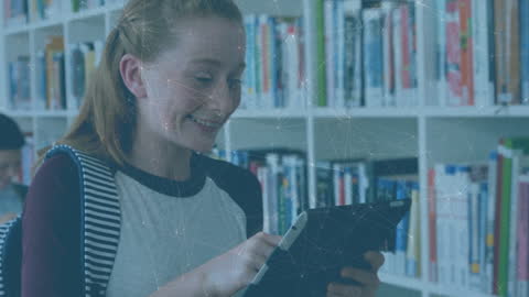 Smiling Student Exploring Digital Library on Tablet