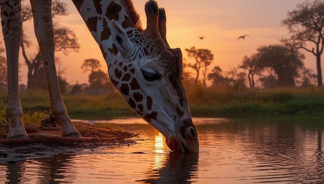 Giraffe Drinking at Waterhole During Sunlit Golden Hour