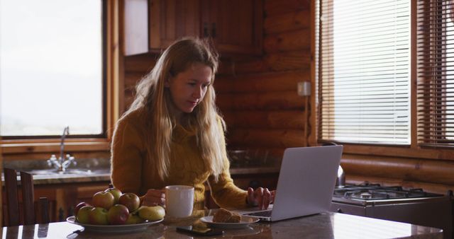 Woman Working on Laptop in Cozy Cabin Kitchen - Download Free Stock Images Pikwizard.com