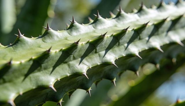 Macro succulent stem casting crisp shadows across triangular spines