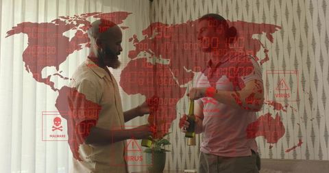 Friends clinking beer with global malware overlay representing cyber threat and virus