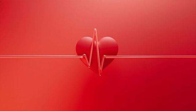 3d glossy heart with heartbeat signal on red gradient background