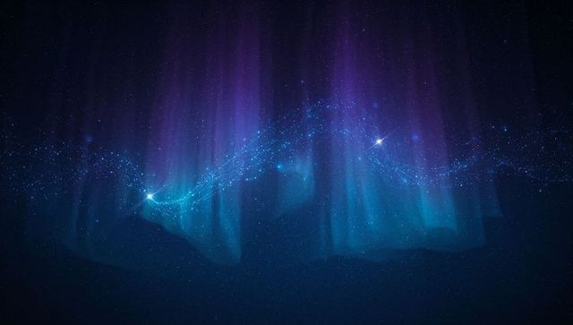 Teal purple aurora curtains glowing over starry horizon with sparkling star band