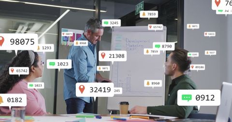 Manager planning strategy with team and digital notifications