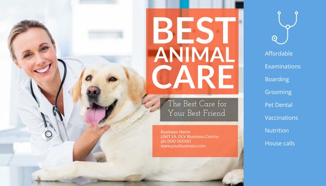 Smiling Veterinarian with Happy Dog Promoting Animal Care Services - Download Free Stock Templates Pikwizard.com