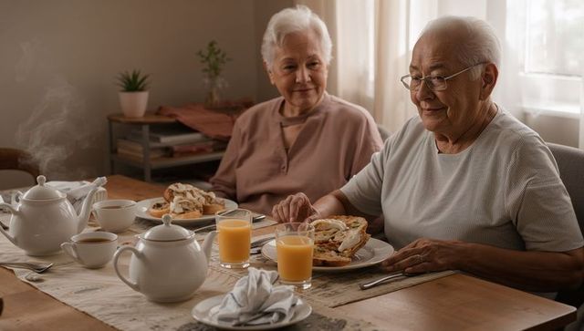 Sunlit senior couple sharing cozy breakfast with tea and bagels at kitchen table morning ritual