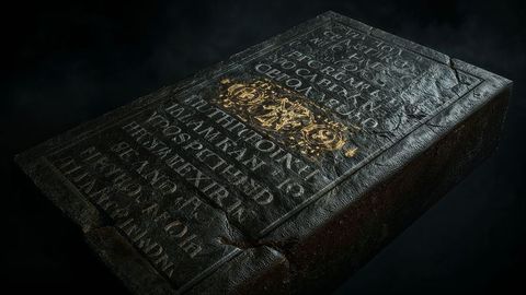 Ancient slab with engraved text in crypt-like setting
