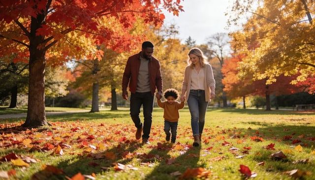 Interracial family walking through vibrant autumn park holding toddler between parents
