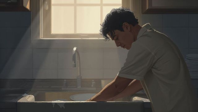 Young man washing dishes under warm morning window light