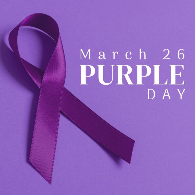 Composition of purple day text and purple ribbon on purple background. Purple day and epilepsy awareness concept digitally generated image.