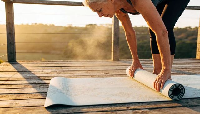 Senior woman rolling yoga mat on wooden deck at sunrise for morning fitness and balance