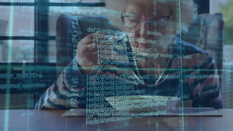 Senior Woman Eating with Digital Interface Histogram Overlay