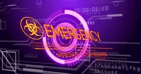 Futuristic Holographic Emergency Alert HUD with Biohazard Symbol and Countdown Timer