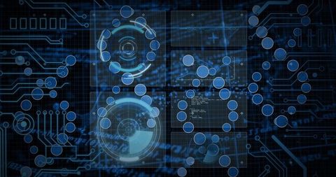 Holographic Cyber HUD with Circular Gauges, Node Network and Circuit Grid in Blue Neon