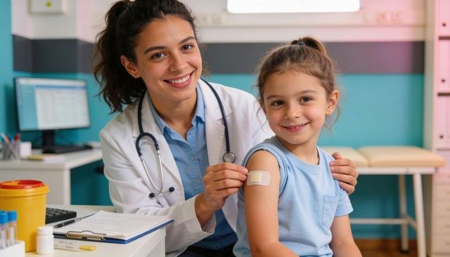 Female doctor applying bandage on smiling girl after vaccination in pediatric clinic
