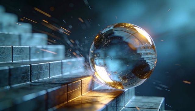 Rolling glass orb with gold flecks sliding down metallic stairs, emitting sparks and mist
