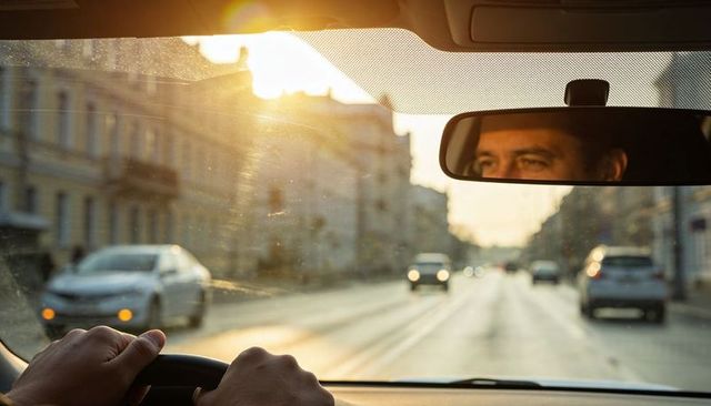 Driver checking rearview mirror while driving on sunlit city street at golden hour